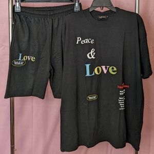 Boohoo Man Peace and Love 2 Piece Black Tee and Matching Shorts Set size Medium